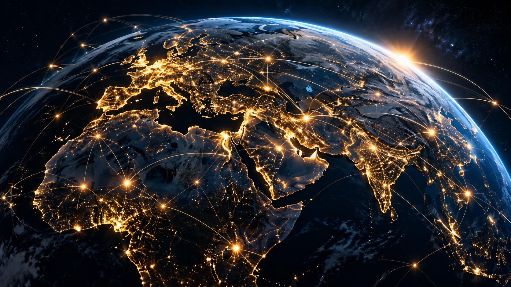 Connected global network at night
